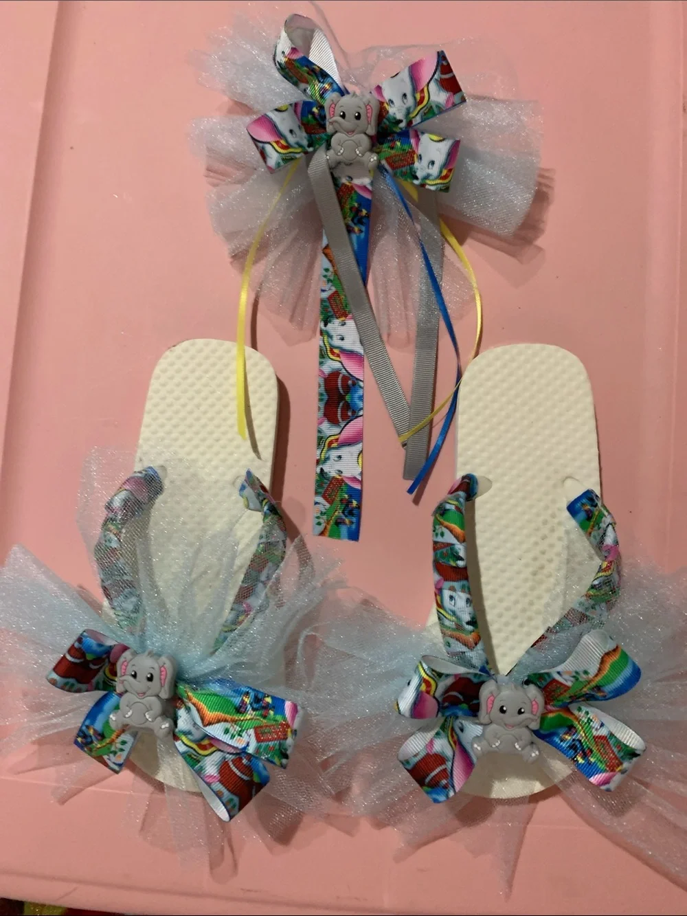 Girls White Flip Flops with Rainbow Bunny Bows